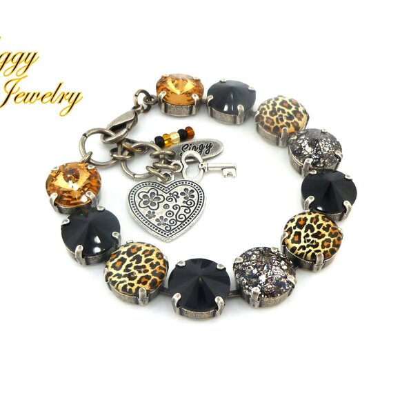 Jungle Glam Bracelet Made with Austrian Crystals and Leopard Color Cabochons - Picture 4 of 6